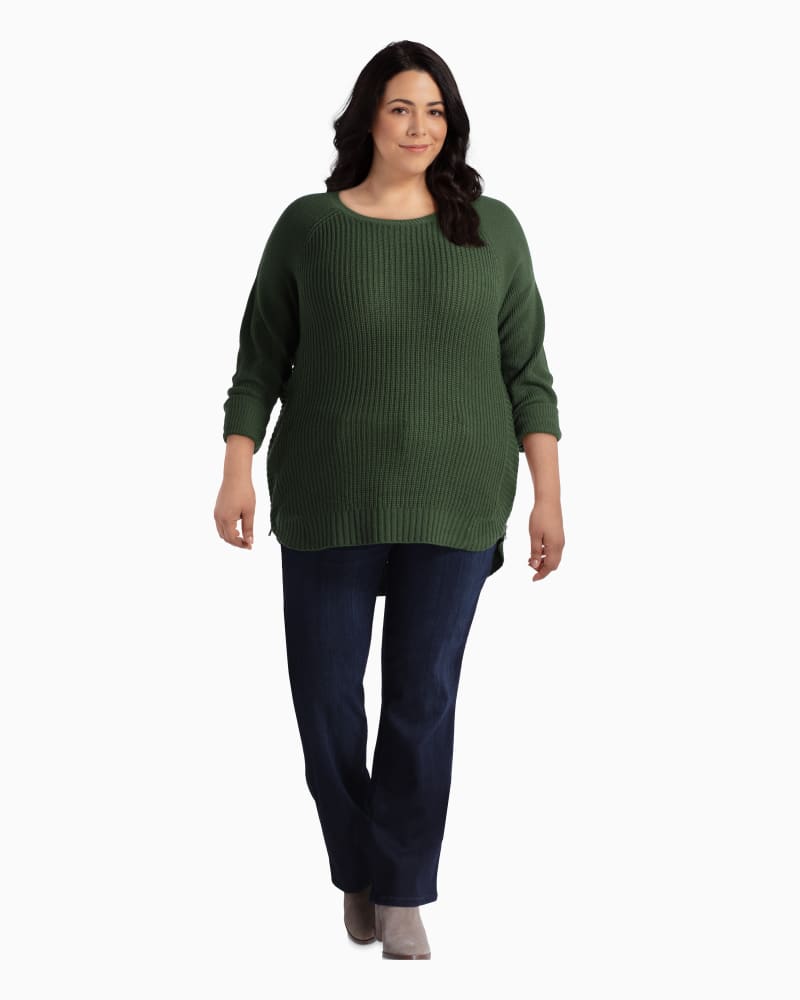 Plus size model with rectangle body shape wearing Tanya Side Zip Sweater by Molly&Isadora | Dia&Co | dia_product_style_image_id:110354
